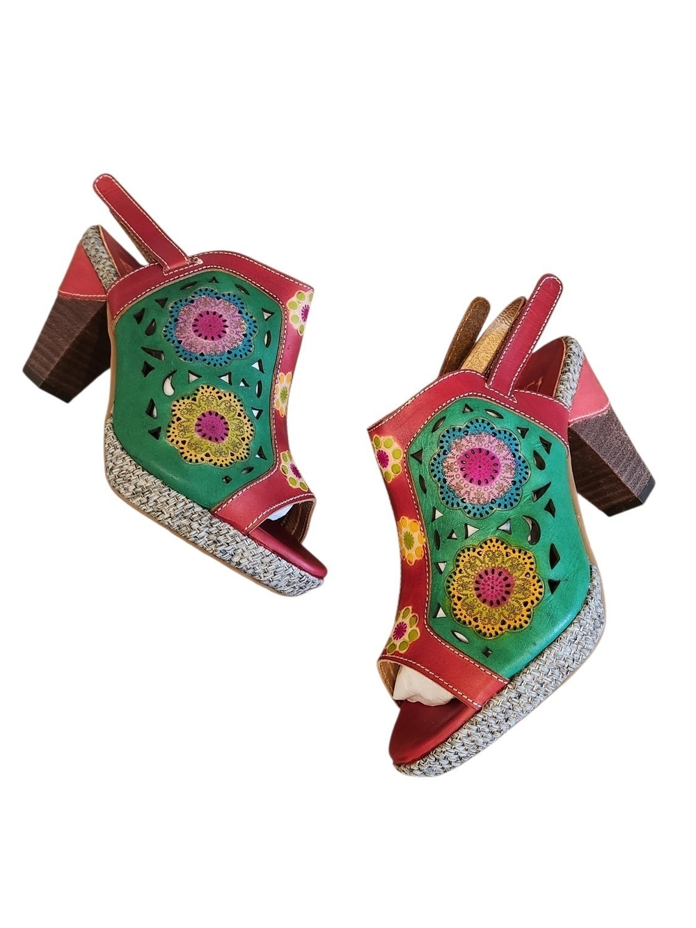 NIB L'Artiste Belen Floral Leather Block Heel Boho Festival Sandals Sz 37-US 6.5